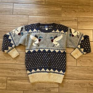 Woolrich Duck Mallard Graphic Knit Sweater Pullover 100% Wool Size Medium